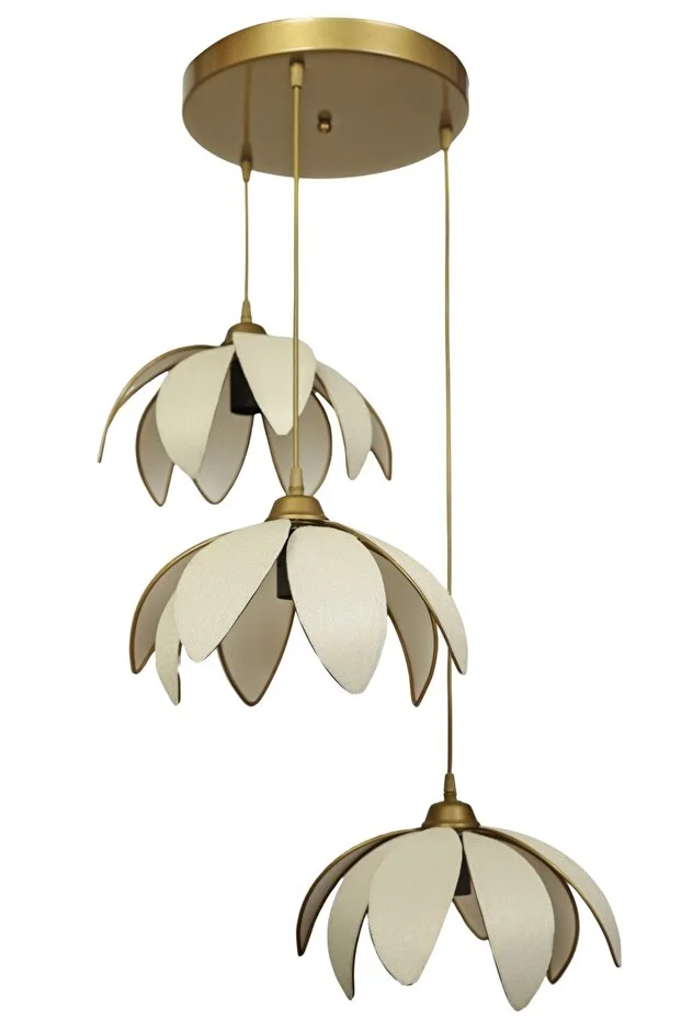 Lotus Çiçeği Tasarımlı 3'lü Sarkıt Modern Avize - Eskitme Çerçeveli Kumaş Kaplama